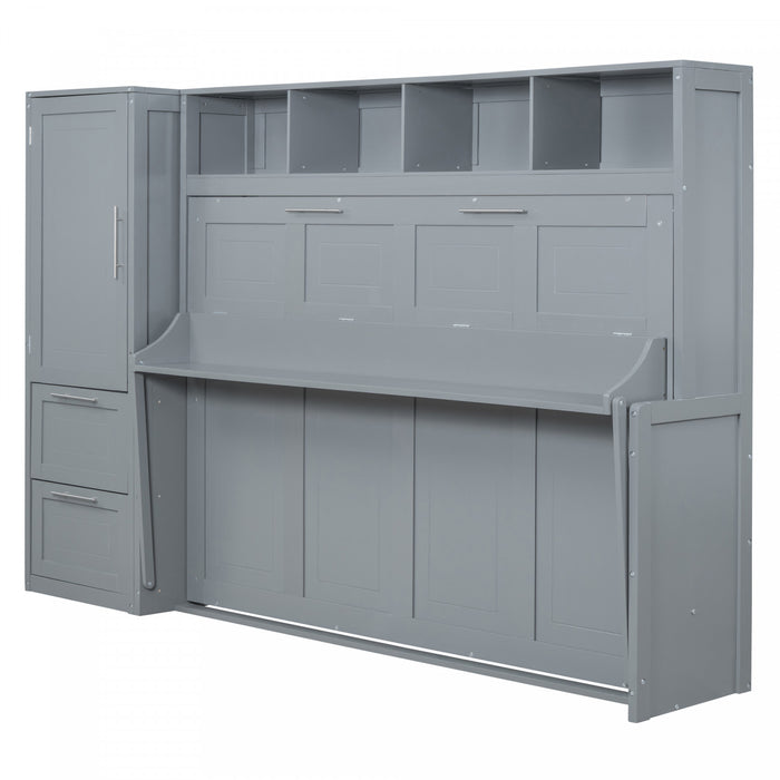 Lit Mural Escamotable Dennis En Bois Composite, Taille Double, Avec Etageres Et Tiroirs, Gris