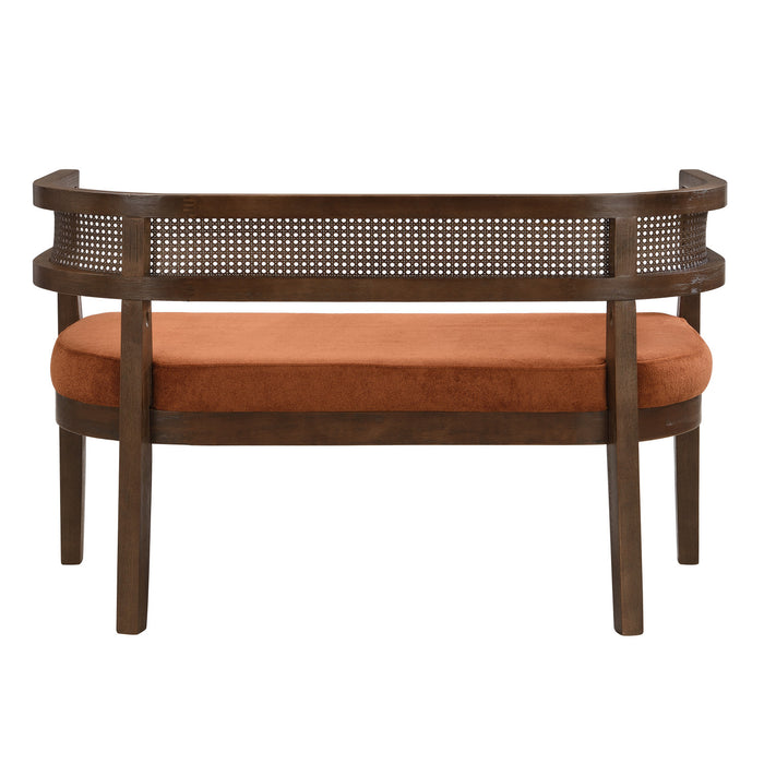 Rattan Causeuse Rembourree en Rotin 47.5 po avec Dossier Tisse Main, Orange Fonce, Noyer