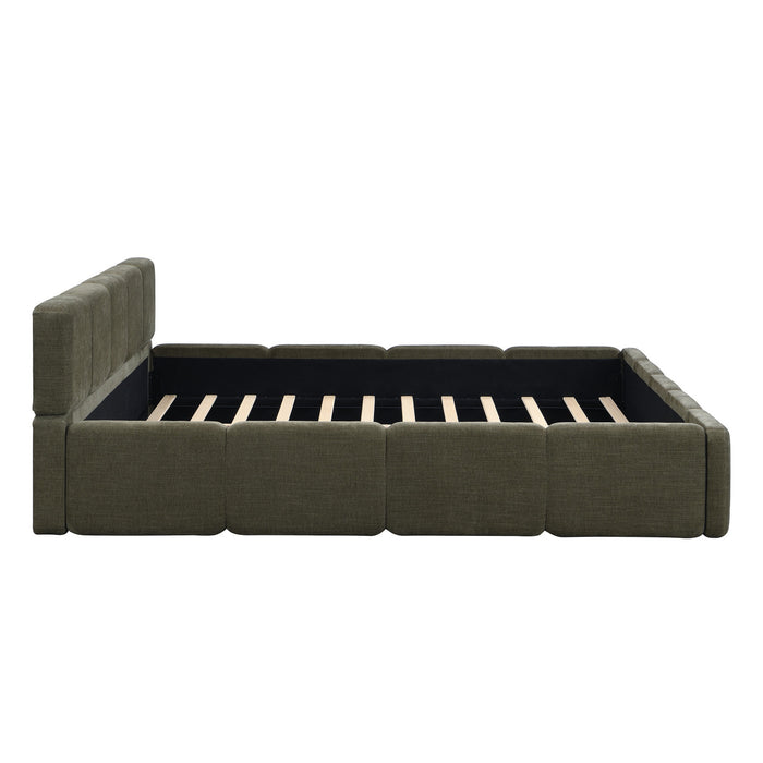 Lit plateforme Toby en tissu lin avec tete et pied de lit epaissis, taille king, vert