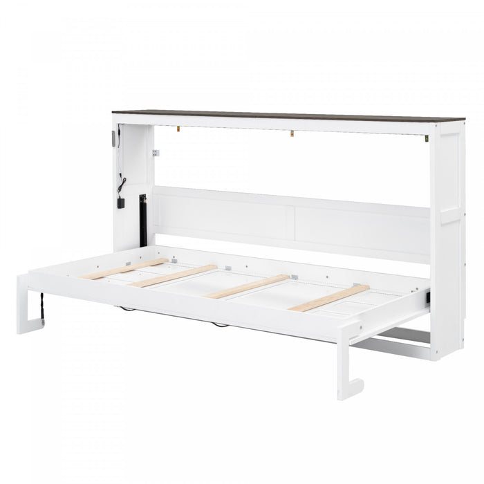 Lit escamotable Olivia en bois massif avec lumiere LED et armoire pliante, taille simple, blanc