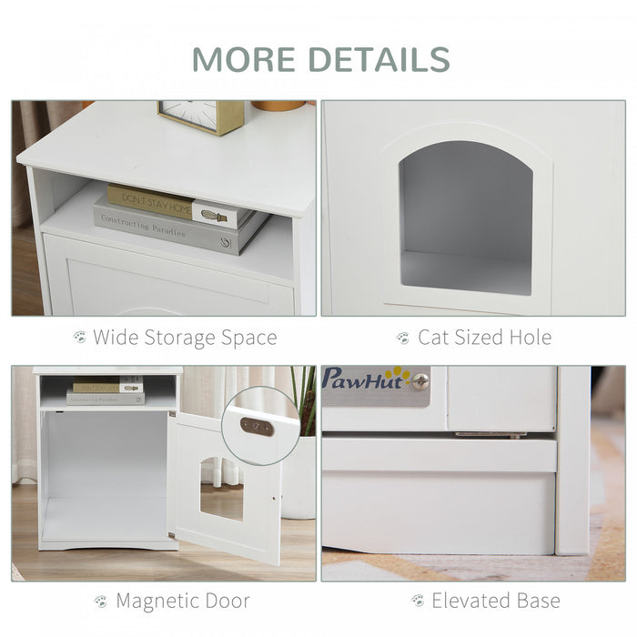Pawhut Boite A Litiere Pour Chat Armoire Cachee Meubles Pour Chat Toilettes D'interieur Pour Chat Table De Chevet Avec Trou De La Taille D'un Chat Large Etagere De Rangement Blanc
