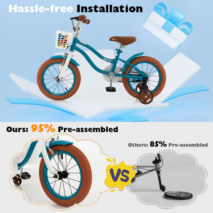 Velo Costway 14\" Pour Enfants Avec Roues D'entrainement Amovibles Et Panier Pour 3-5 Ans Bleu