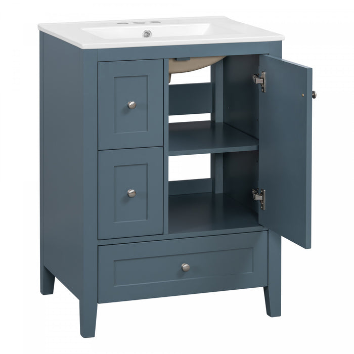 Mia Meuble-lavabo de 24\" avec vasque en ceramique et rangement a plusieurs tiroirs, Bleu Gris