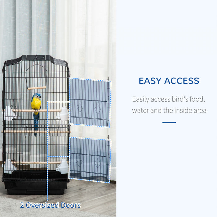 Pawhut 36\" Cage A Oiseaux Cacatoes Perroquet Cage 2 Portes Perchoir 4 Mangeoires, Noir