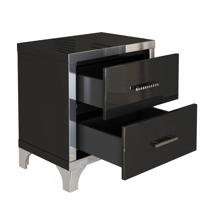 Sophia table de chevet laquee brillante avec 2 tiroirs et poignees en metal, noir