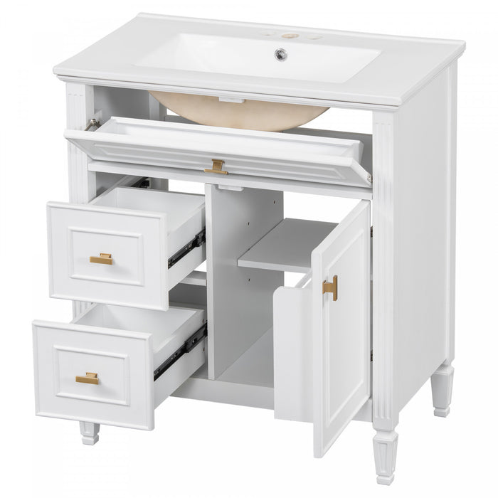 Olivia Meuble-lavabo de 30\" avec vasque en ceramique et bois caoutchouc massif, Blanc