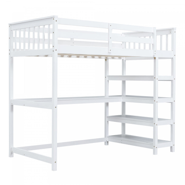 Victoria – Lit Mezzanine Simple En Bois Massif Avec Bureau, Etageres De Rangement Et Eclairage Del – Blanc