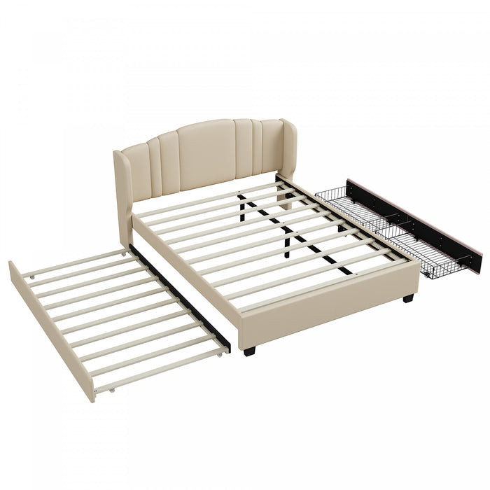 Lit plateforme Jean rembourre avec tete de lit a oreilles et tiroirs de rangement, taille queen, beige
