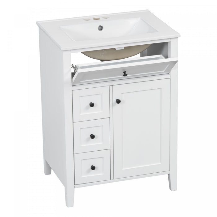 Scott Meuble-lavabo de 24\" avec vasque en ceramique et pieds en bois caoutchouc, Blanc
