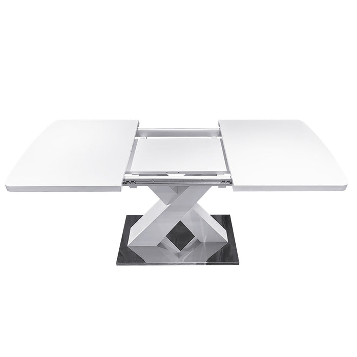 Liam Table a manger rectangulaire moderne extensible avec pieds en X et base en metal, blanc