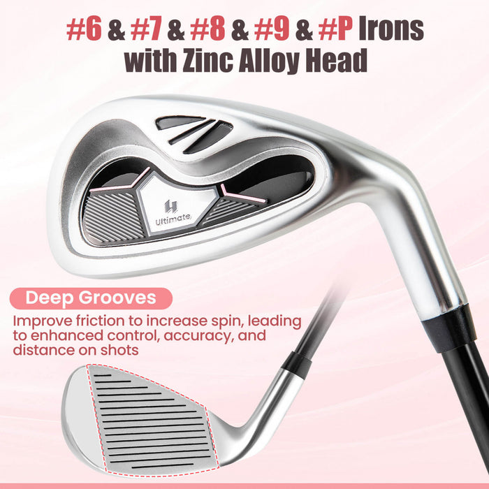 Ensemble De Clubs De Golf Pour Femmes, 3 Crosses De Golf En Bois, 5 Crosses De Golf En Fer, 1 Tige-poussoir Et 1 Sac De Balle, Grande Espace De Rangement Et Base Antiderapante