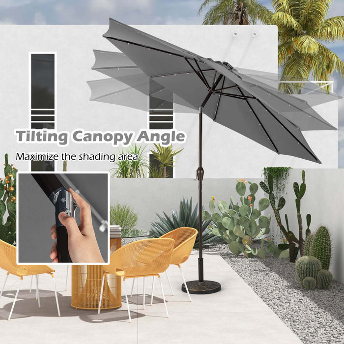 Parasol solaire Costway 10 pieds avec LED, parasol de marche inclinable en acier avec manivelle, exterieur gris