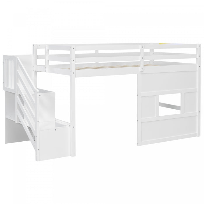 Lit mezzanine moderne Pepys avec escalier de rangement et fenetre, taille simple, blanc