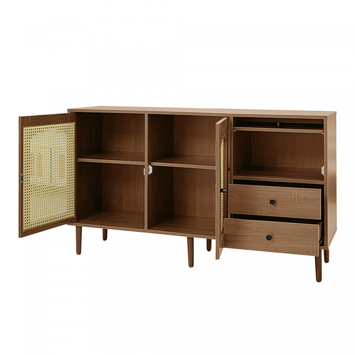 Zona 51.1\" Buffet avec Portes en Rattan et Etageres Ajustables, Marron Fonce