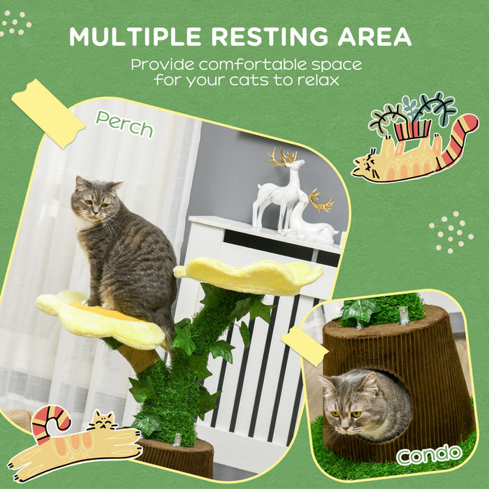 Pawhut Arbre A Chat En Peluche 18\" Avec Deux Plateformes De Fleurs, Tour Pour Chat Multi-activites Avec Griffoirs En Jute, Perchoirs Sureleves, Condo Rond Spacieux Avec Porte, Vert