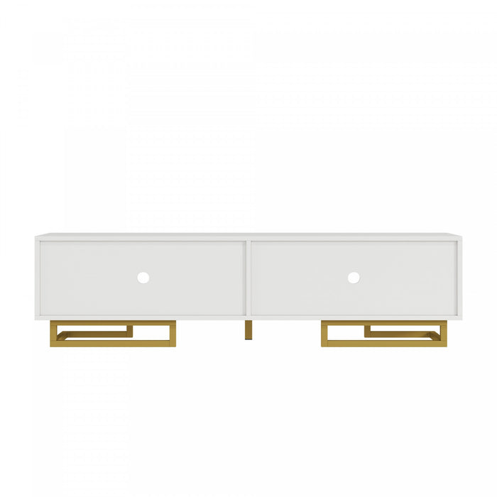Aspect Meuble TV 63 po avec Portes Texturees et Pieds Dores, Blanc