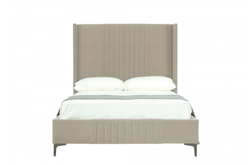 Lit complet Promenade de style mid-century moderne, rembourre en velours, coloris taupe rustique