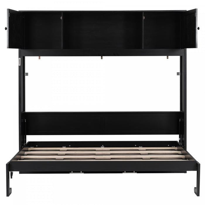 Lit escamotable Ethan en bois massif avec armoires de rangement, taille queen, noir
