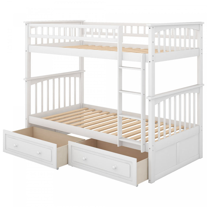 Lit Superpose Convertible Elvis En Bois Massif, Taille Simple, Avec Tiroirs, Blanc