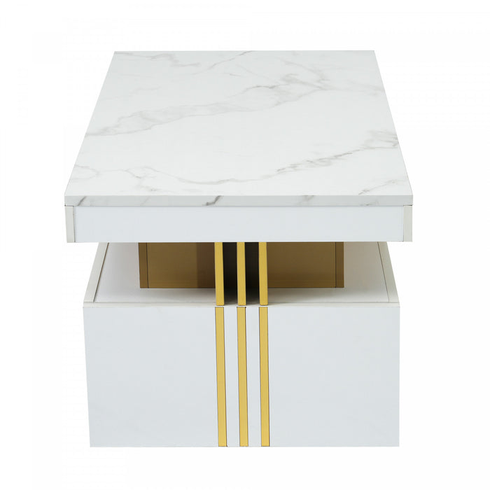 Noah table basse moderne – table avec plateau a motif marbre et tiroirs de rangement, blanc