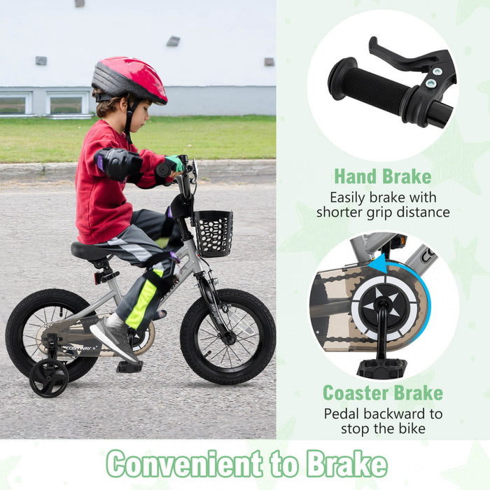 Costway 12\" Velo Pour Enfants Avec Roues D'entrainement Guidon Reglable Et Frein A Main De Siege Argent