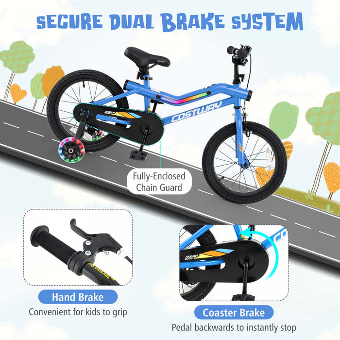 Costway 16\" Led Eclaire Velo Pour Enfants Avec Siege Reglable Coaster Frein Roues D'entrainement Bleu