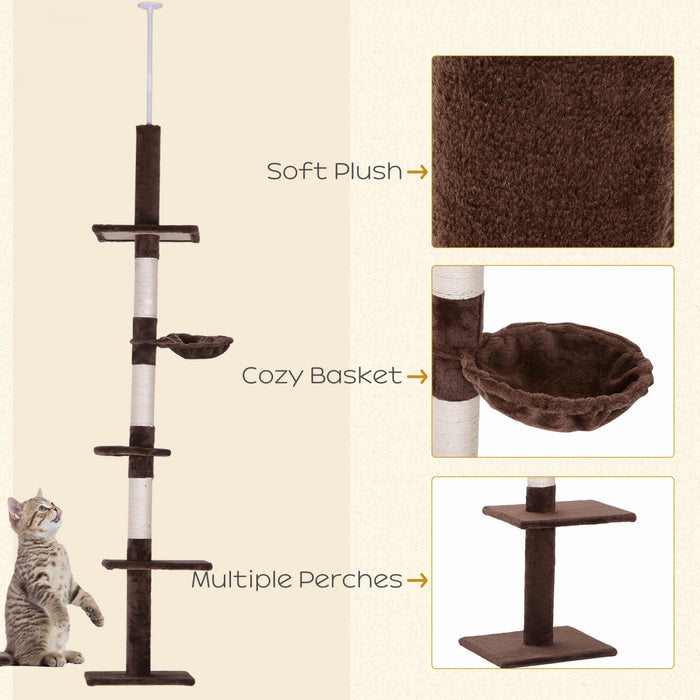 Pawhut 8.5ft Chat Escalade Arbre 5 Niveaux Kitty Centre D'activites Du Sol Au Plafond Chat Grimpeur Jouet Avec Grattoir Jouer Repos Post Meubles Pour Animaux De Compagnie Marron