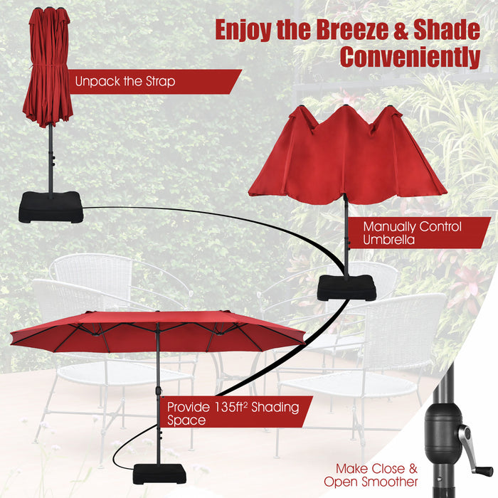 Costway Parasol double face jumeau 15FT pour terrasse avec manivelle et base de marche vin