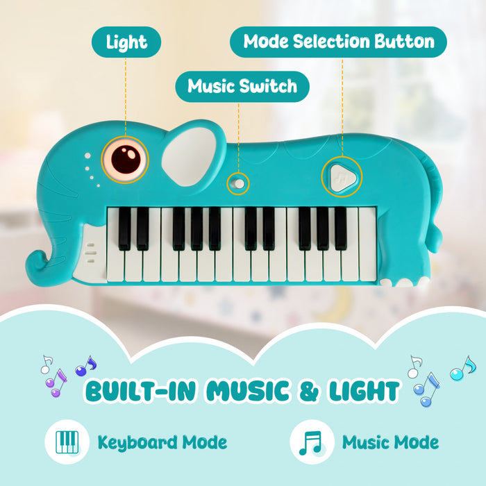 Costway Clavier de Piano pour Enfants 25 Touches en Forme d'Elephant, Jouet Piano Numerique avec Musique et Lumieres Integrees - Bleu