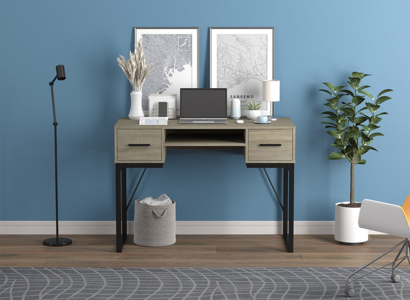 Bureau d’ordinateur de 43 po avec 2 tiroirs et 1 tablette - taupe foncé avec base en métal noir
