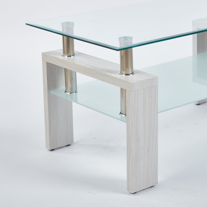 Table basse moderne Lucius au design geometrique en verre trempe avec cadre en metal et verre transparent, blanc