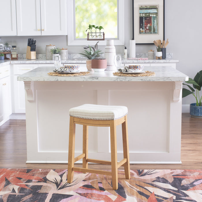 Tabouret Claridge de hauteur comptoir en tissu d’apparence lin et sans dossier - rayures rustiques