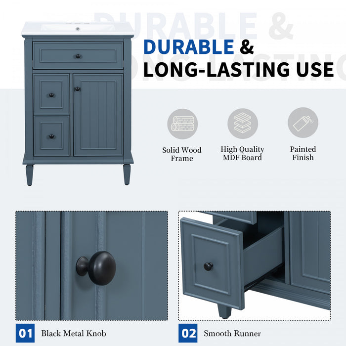 Vivo Meuble-Lavabo Simple 24 po avec Tiroir Bascule et Pieds en Bois Massif, Bleu Gris