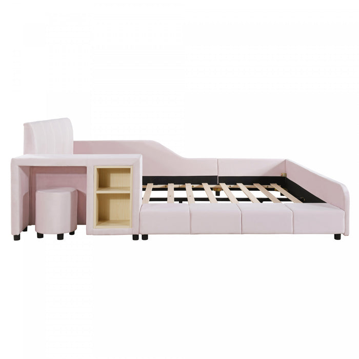 Lit Lily en velours rembourre avec bureau et tabouret, taille Queen, rose