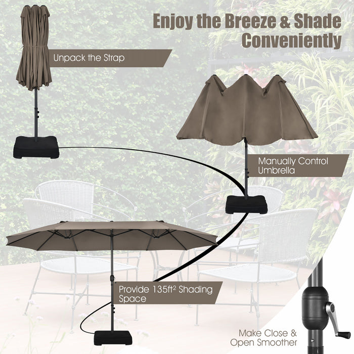 Parasol de patio jumeau double face Costway de 15 pieds, ombrage exterieur, manivelle et base de marche couleur cafe