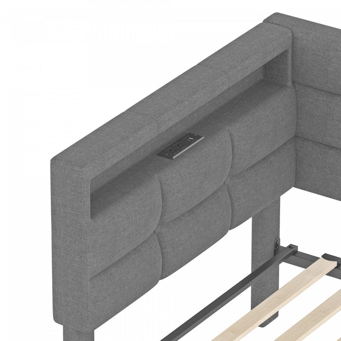 Banquette-lit Sophia rembourree avec lumieres LED et tiroirs de rangement, taille simple, gris