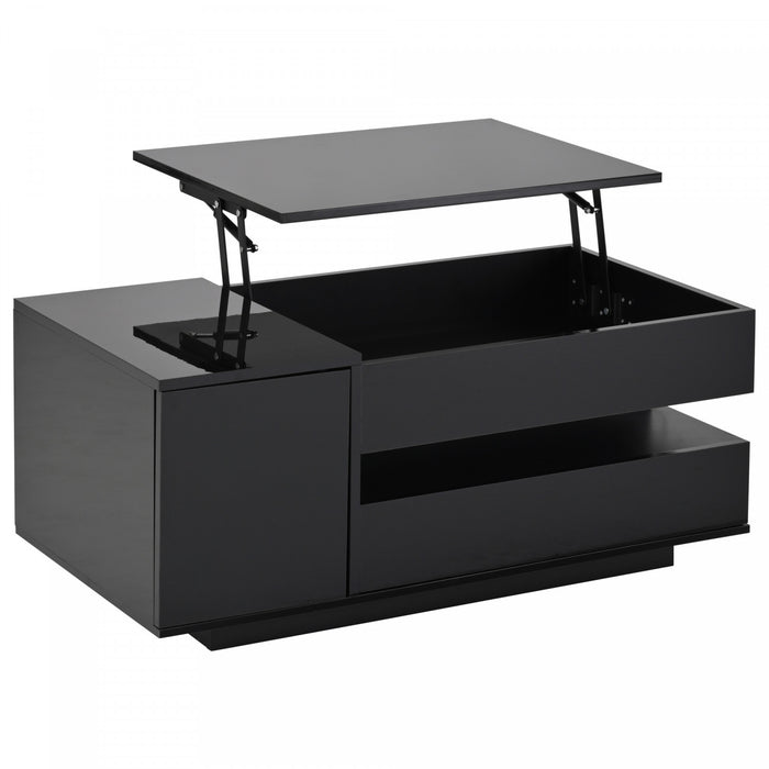 Oliver table basse reglable en hauteur – table avec tiroir, placard de rangement et eclairage LED, noir