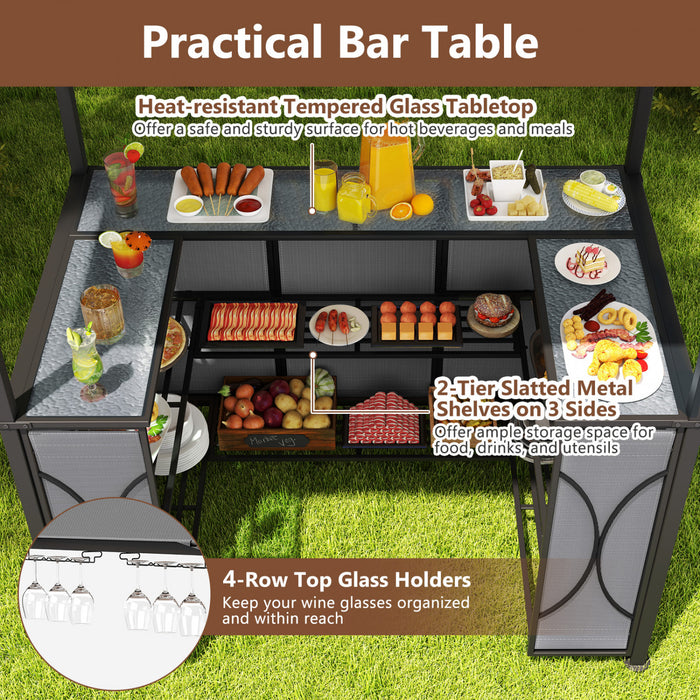 Costway 6.5 X 4 X 8 Ft Grill Gazebo Ensemble Avec 2 Tabourets De Bar, Table De Bar En Verre Trempe Gris