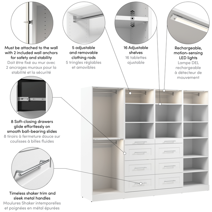 Système de garde-robe et pièce-penderie modulaire Florence de Bestar de 100 po avec éclairages à DEL, tringles, tablettes et tiroirs de style Shaker - blanc
