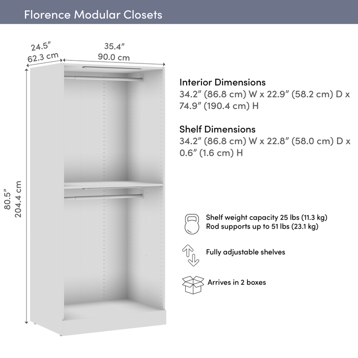 Système de garde-robe modulaire  à 2 espaces pour suspendre Florence de Bestar de 35 po avec éclairage à DEL - blanc