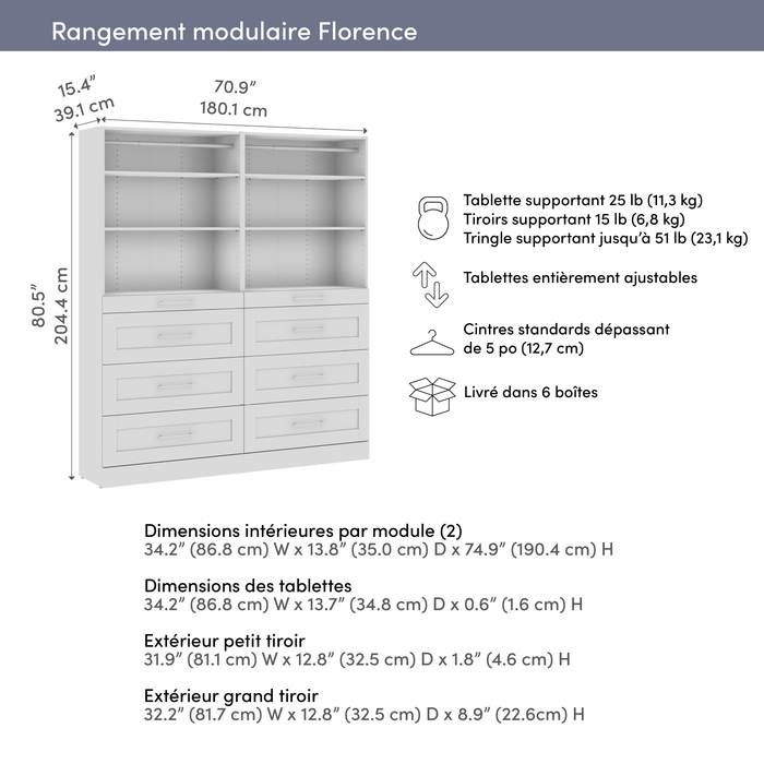 Système de garde-robe et pièce-penderie modulaire Florence de Bestar de 71 po avec rangement - blanc