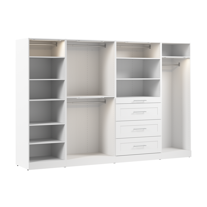 Système de pièce-penderie modulaire Florence de Bestar de 121 po avec éclairages à DEL, tringles, tablettes et tiroirs de style Shaker - blanc
