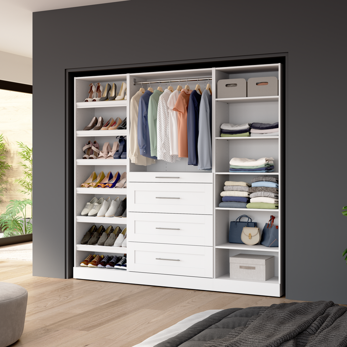 Système de garde-robe et pièce-penderie modulaire Florence de Bestar de 85 po avec tiroirs et tablettes pour chaussures de style Shaker - blanc
