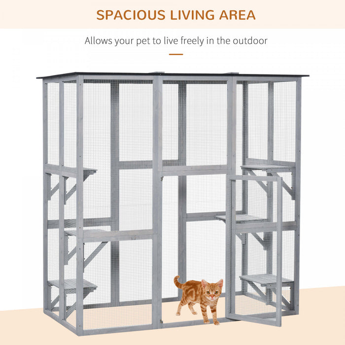 Pawhut Grand Enclos Exterieur Pour Chat, Terrasse En Bois Pour Chat Avec 6 Plates-formes Equilibrees Et Toit En Asphalte, 180 X 99 X 180 Cm, Gris