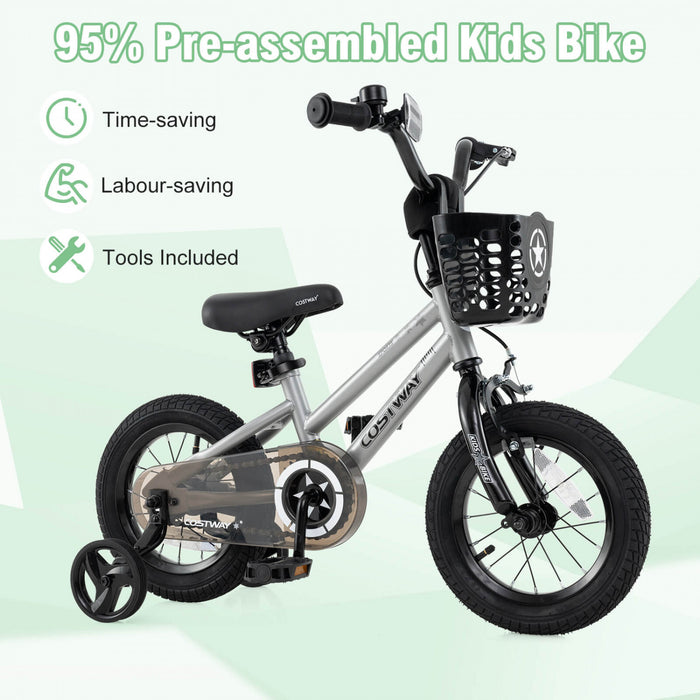 Costway 12\" Velo Pour Enfants Avec Roues D'entrainement Guidon Reglable Et Frein A Main De Siege Argent