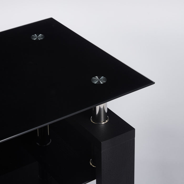 Table basse moderne Lucius au design geometrique en verre trempe avec cadre en metal et verre transparent, noir
