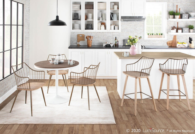 Tabouret champêtre Winston de hauteur comptoir en bois - blanchi et cuivre antique