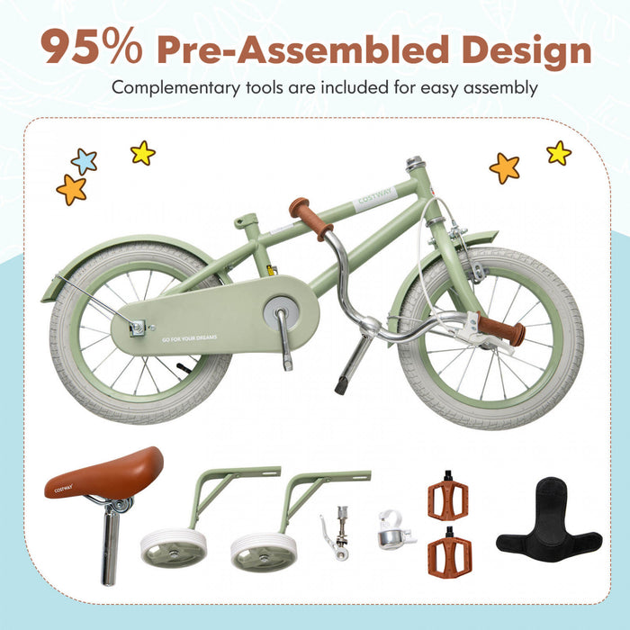 Costway 14\" Velo Pour Enfants Avec Guidon Reglable De Selle Roues D'entrainement Amovibles Frein A Main Vert