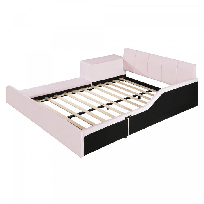 Lit Lily en velours rembourre avec bureau et tabouret, taille Full, rose