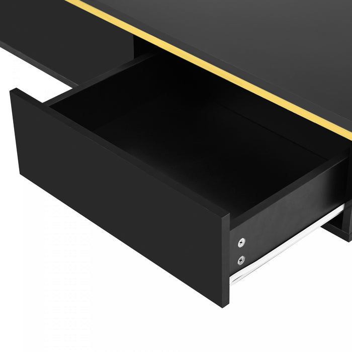 Lustra Table Basse Moderne Haute Brillance 39.4 po avec Double Tiroirs et Accents Dores, Noir